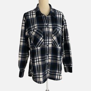 The Group Babaton Flannel Plaid Shirt Shacket Large Blue Grey White NWOT